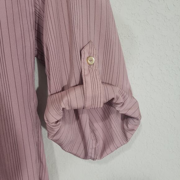Vintage Blouse First Glance Women Small Pink Pinstripe Roll Up Sleeve 80s Retro - Picture 6 of 11